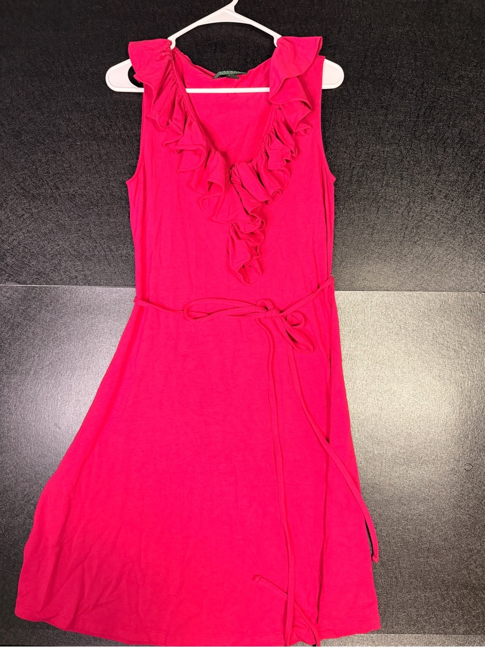 Lauren Ralph Lauren Sleeveless Ruffle V-Neck Belted Dress - Hot Pink Sz M